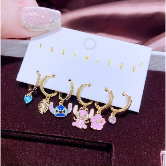 14K Gold Plated Lilo & Stutch Theme Earrings Huggie Hoop Dangle Mismatch… - Picture 5 of 6